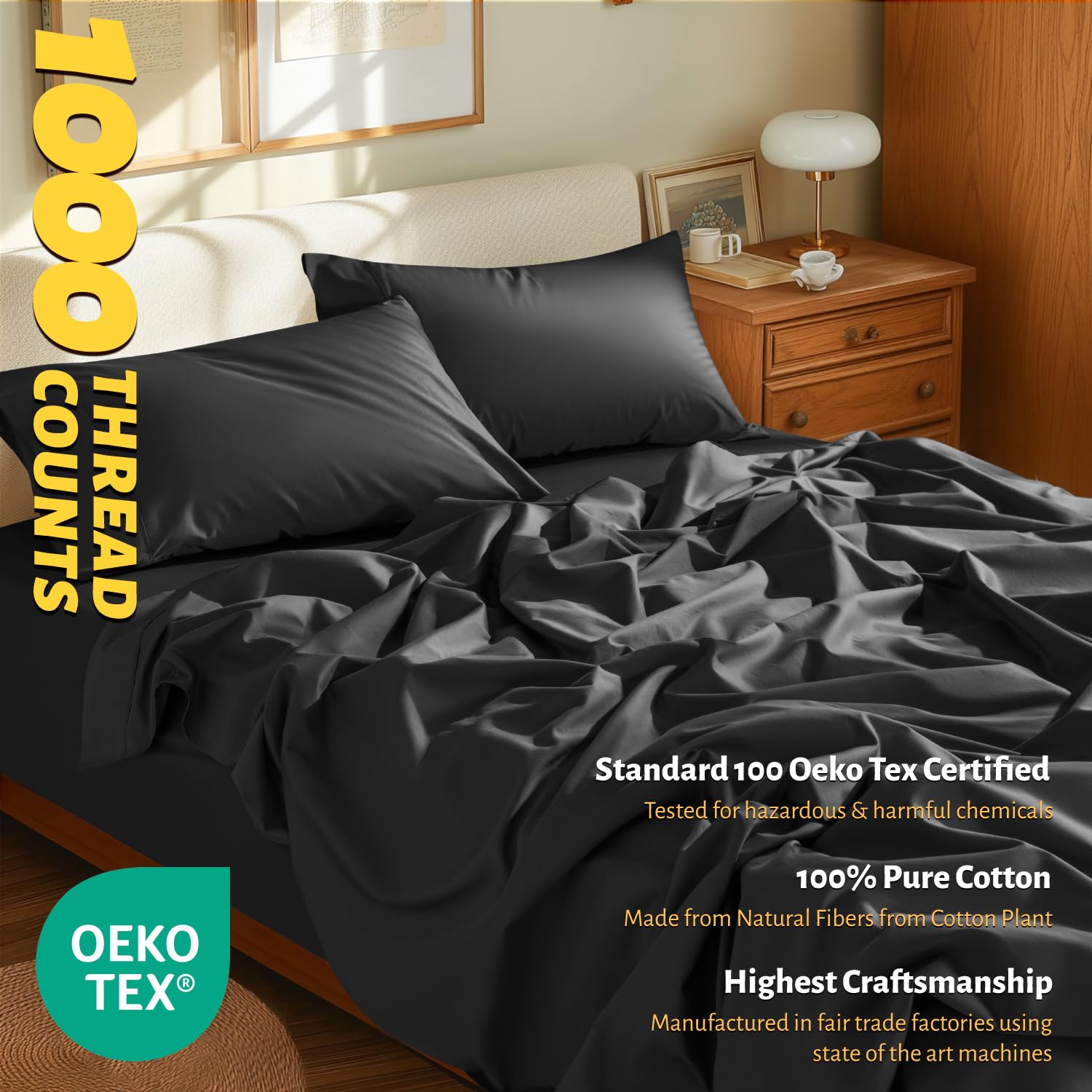 Shilucheng 100% Egyptian Cotton Sheets Set - 1000 Thread Count,Luxury Cotton Bed Sheets,Breathable & Cooling Bedding And Pillow Cases, 16 Inch Deep Pocket - 4 Piece (Black, Full)